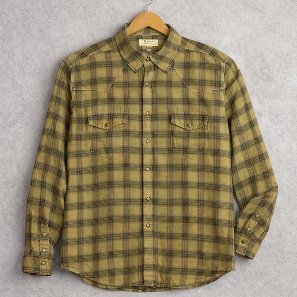 Ryan Michael Mens XL Western Shirt Silk Cotton Pearl Snap Plaid Mimosa